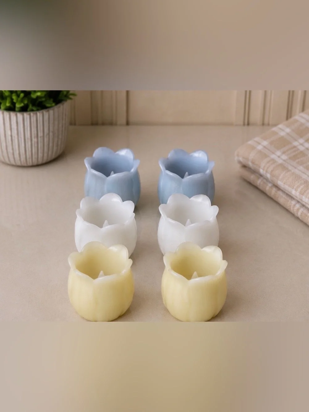 Set of 6 Tulip Flameless LED Tea Light Candles Pastel Blue White Yellow Spring